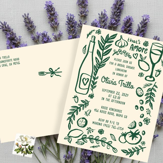 That's Amore Italienska Mat Anpassad Bröllopsdusch Vykort (That's Amore Italian Food Hand-drawn Doodle CUSTOM Bridal Shower Postcard Inviation
)