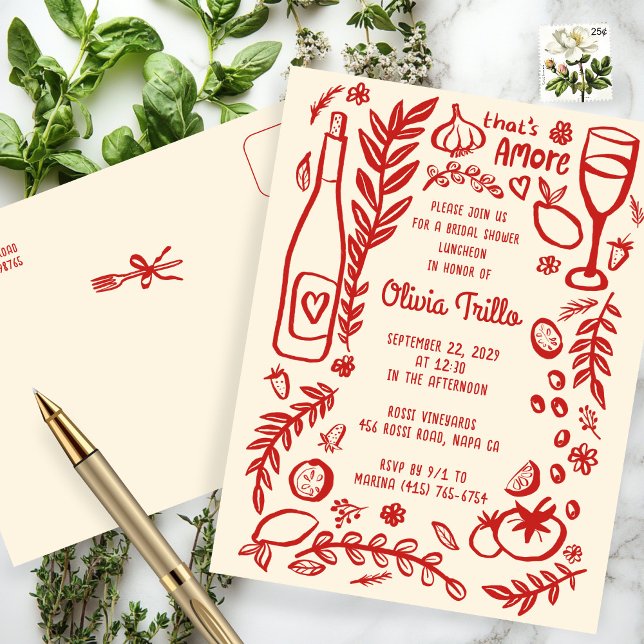 That's Amore Italienska Mat Anpassad Bröllopsfest Vykort (That's Amore Italian Food Hand-drawn Doodle CUSTOM Bridal Shower Invitation Postcard
)