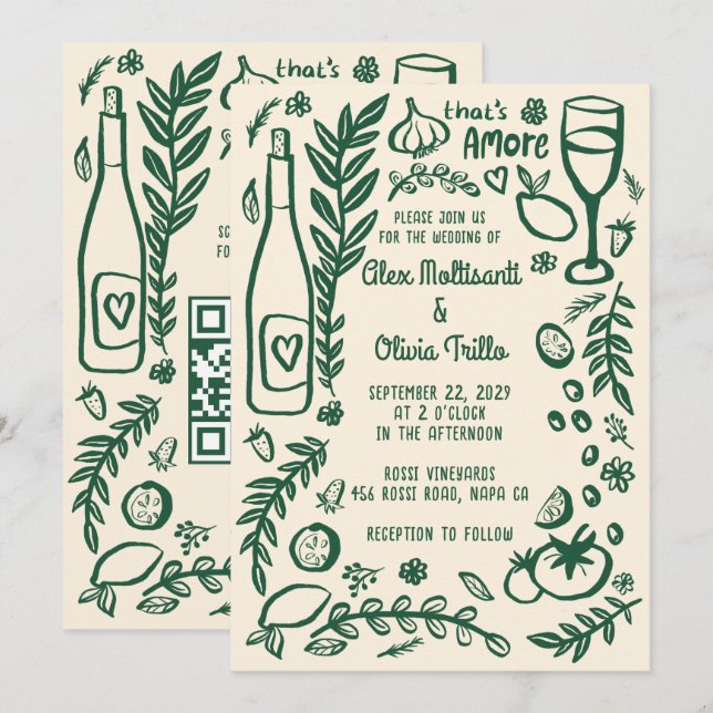 That's Amore Italienska Mat Anpassad QR Bröllopsfe Inbjudningar (Fram/baksida)