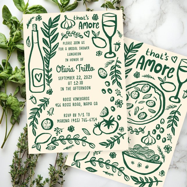 That's Amore Italienska Mat BRUD Shower  Inbjudningar (That's Amore Italian Food Hand-drawn Doodle CUSTOM Bridal SHower Party Invitation
)