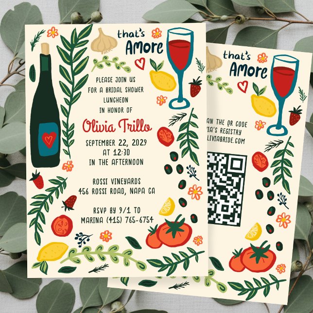That's Amore Italienska Mat CUSTOM Bröllopsdusch Q Inbjudningar (That's Amore Italian Food Hand-drawn Doodle CUSTOM QR code Bridal Shower Party Invitation
)