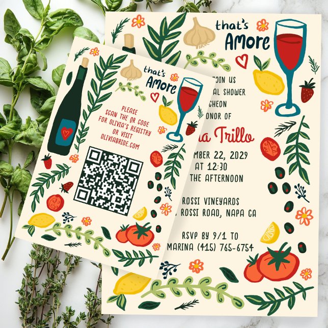 That's Amore Italienska Mat CUSTOM Bröllopsdusch Q Tilläggskort (That's Amore Italian Food Hand-drawn Doodle CUSTOM Bridal Shower Invite QR code Enclosure Card
)