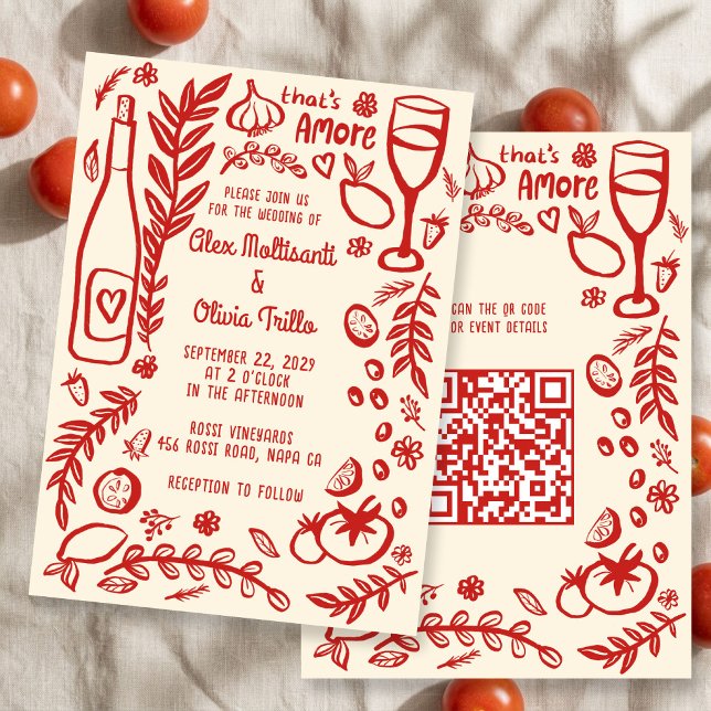 That's Amore Italienska Mat SKANAD QR Bröllopsfest Inbjudningar (That's Amore Italian Food CUSTOM QR Wedding Party Invitation
)