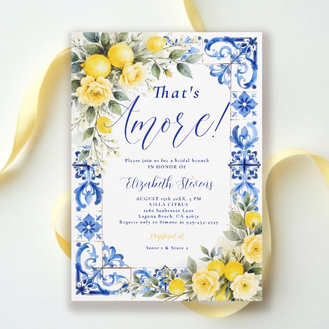 That's Amore Lemon Blue Tile Floral Bridal Shower  Inbjudningar (thats amore bridal shower theme lemon blue tile frame italian summer invitation yellow roses floral)