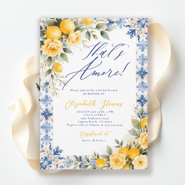 Thats Amore Lemon Blue Tile Italian Bridal Shower  Inbjudningar (thats amore bridal shower theme lemon blue tile frame italian summer invitation yellow floral script)