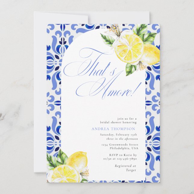 That's Amore Lemon Italian Blue Tile Bridal Shower Inbjudningar (Framsida)