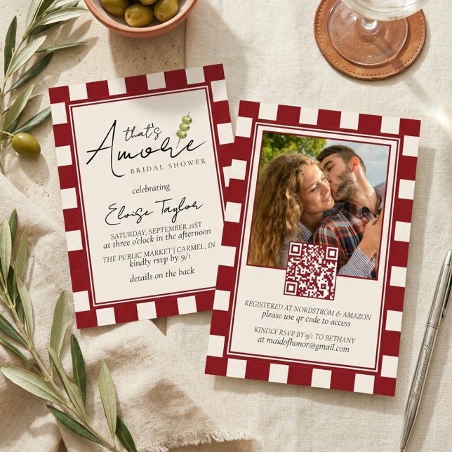 That's Amore Röd Rutig Bröllopsdusch  Inbjudningar (That's Amore Red Checkered Bridal Shower Invitation)