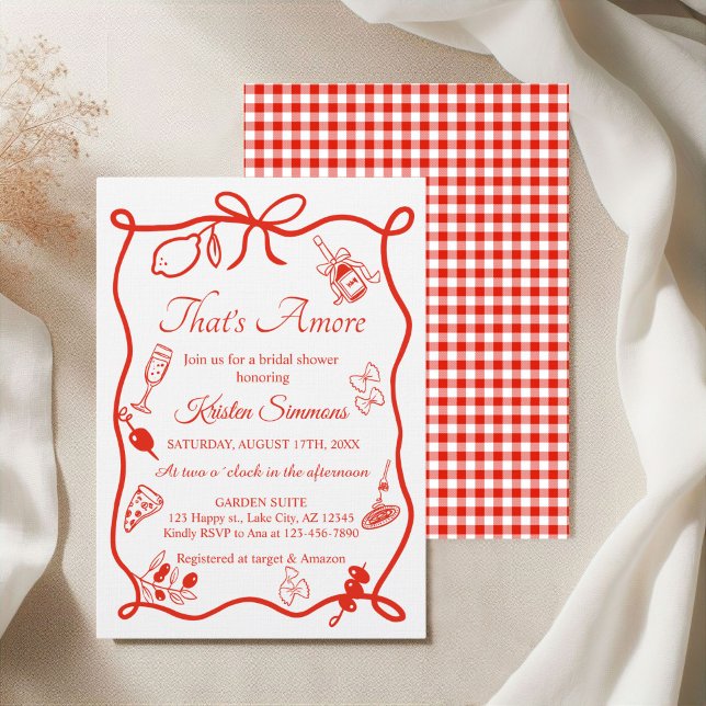 That's Amore Whimsical Italiensk Pizza Bröllopsdus Inbjudningar (That's amore Italian Pizza Bridal shower Red Gingham Invitation)