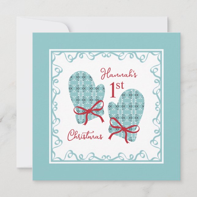 The 1st Christmas Mittens Red Bow Holiday Card (Framsida)