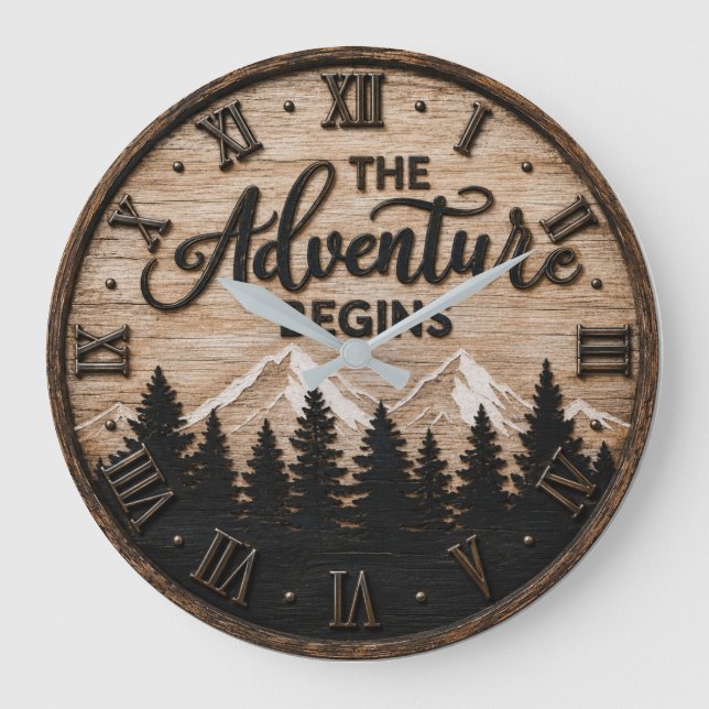 The Adventure Begins Rustic Mountain Cabin Stor Klocka (Framsida)