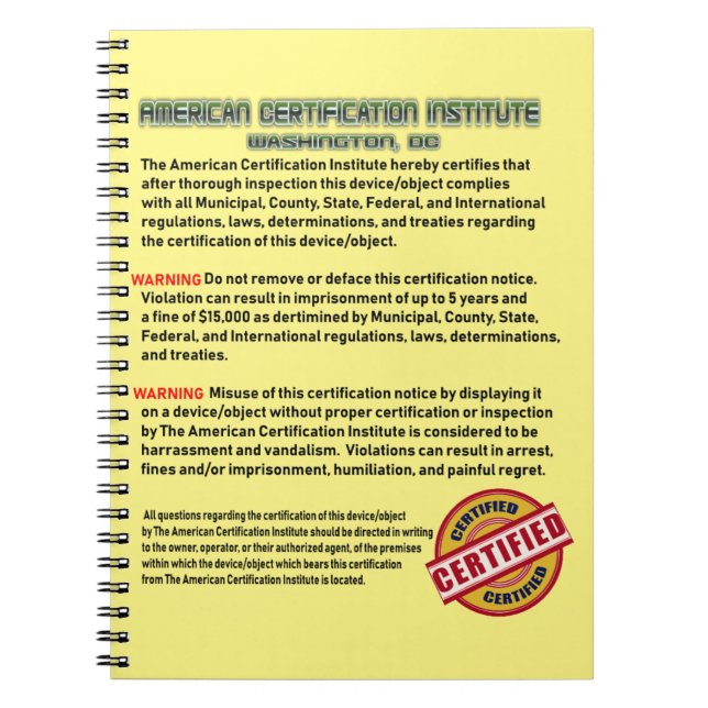 The American Certification Institute Anteckningsbok (Framsidan)