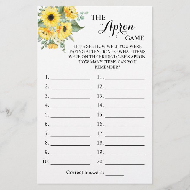 The Apron Shower Greenery Sunflower Game Card Flygblad (Framsidan)
