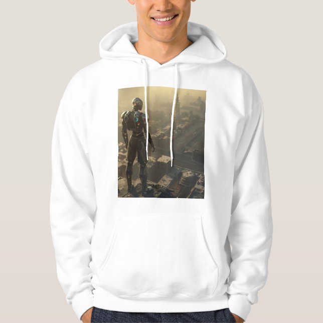 The Ascendant Guardian: Cyberpunk Futuristic Art Hoodie (Framsida)