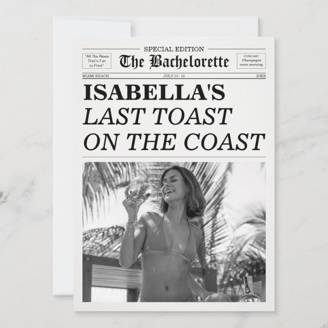 The Bachelorette Newspaper Last Toast On The Coast Inbjudningar (Framsida)