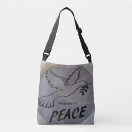 The bag features peace dove and scripture. axelväska