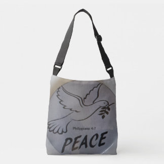 The bag features peace dove and scripture. axelväska