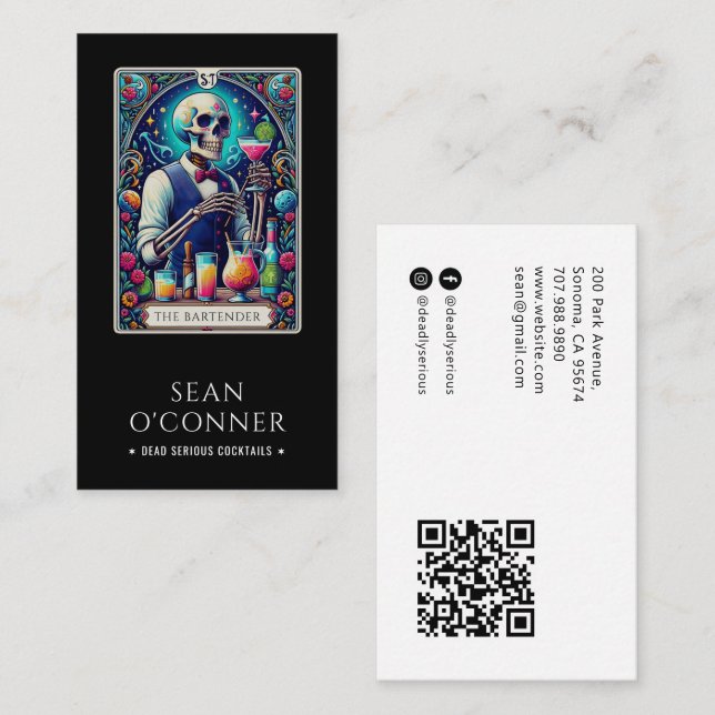 The Bartender Tarot Skeleton QR Code Black Visitkort (Fram/baksida)