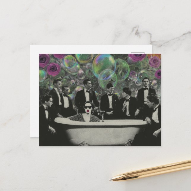 The Bathtub Viewers Bubbles and Roses Collage Vykort (Fram/Back In Situ)