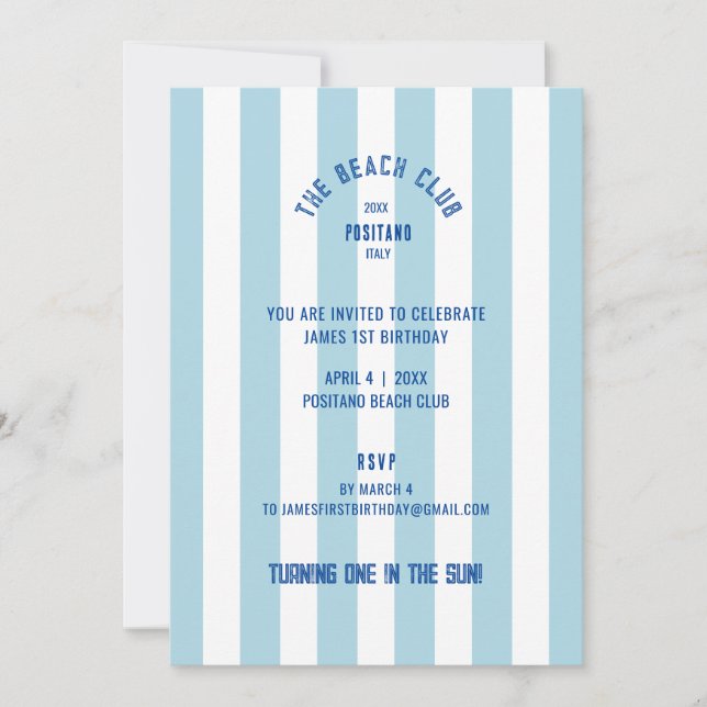 The Beach Club Blue Cabana Stripe 1s Birthday Inbjudningar (Framsida)