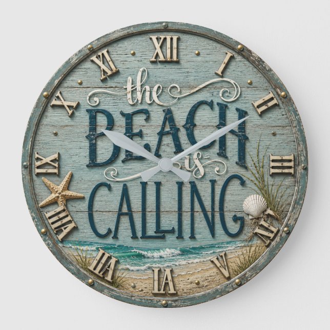 The Beach Is Calling Rustic Beach House Ocean  Stor Klocka (Framsida)