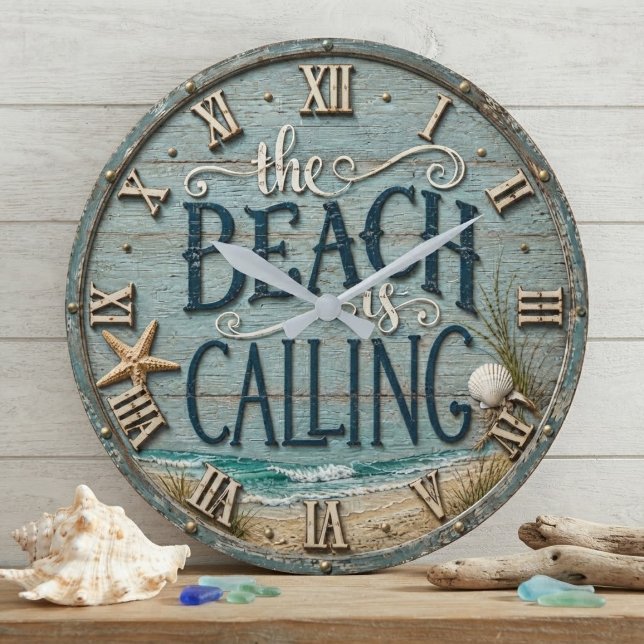 The Beach Is Calling Rustic Beach House Ocean  Stor Klocka (Skapare uppladdad)