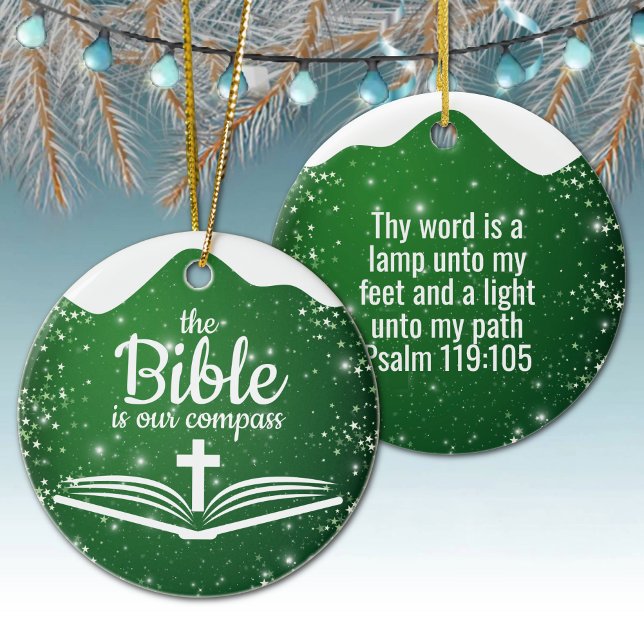 The Bible is our Compass Bible Verse Festive  ⛪️🎄 Julgransprydnad Keramik (Customizable The Bible is our Compass, Bible Verse Festive Ceramic Ornament Green Psalm 119:105 ✞)