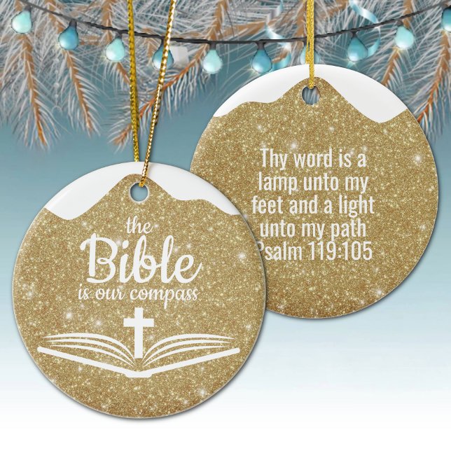 The Bible is our Compass Bible Verse Festive  ⛪️🎄 Julgransprydnad Keramik (Customizable The Bible is our Compass, Bible Verse Festive Ceramic Ornament Golden Sparkle Psalm ✞)