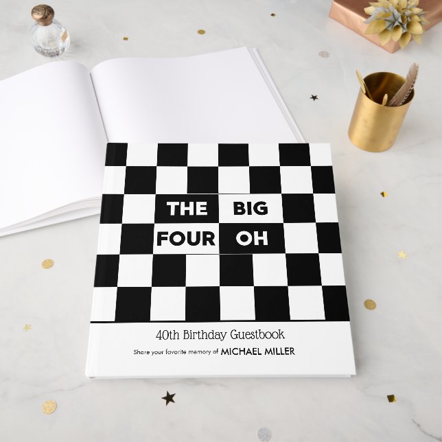 The Big 4 Oh Black White Checkered 40th Birthday Gästböcker (Framsidan öppen)