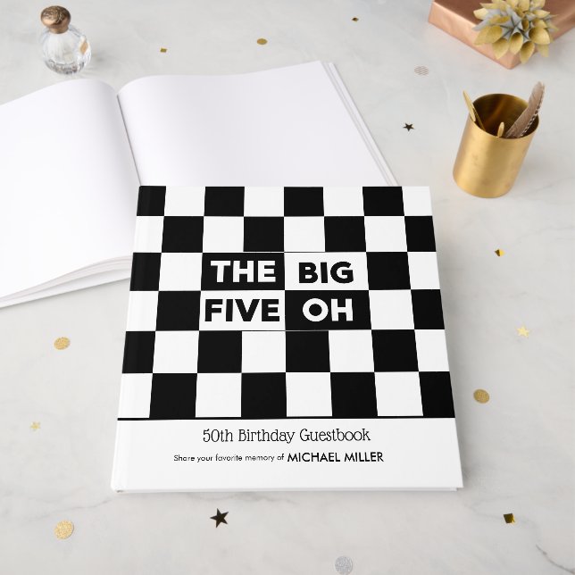 The Big 5 Oh Black White Checkered 50th Birthday Gästböcker (Framsidan öppen)