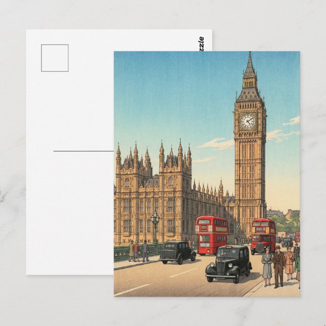 The Big Ben Clock Tower Japanese Woodblock Print Vykort (Fram/baksida)