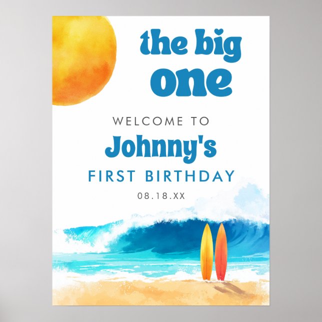The Big One 1-års födelsedags surfstrand välkomsts Poster (Framsidan)