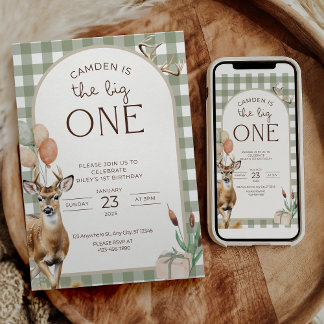 The Big One Deer Birthday Invitation Boys First  Inbjudningar
