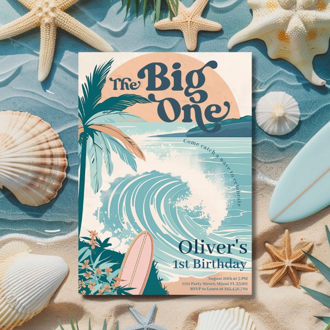 The Big One Surf Beach 1-årsfest Inbjudningar (The Big One Surf Beach 1st Birthday Invitation)