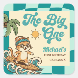 The Big One Surfarkatt Retro Sommar 1-års Födelsed Fyrkantigt Klistermärke