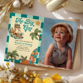 The Big One Surfer Retro 1st Birthday Photo  Inbjudningar