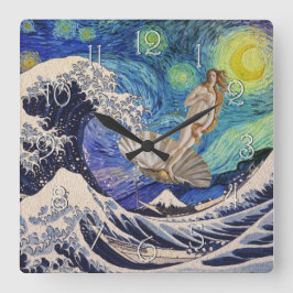 The Birth of Venus at The Great Wave Fyrkantig Klocka