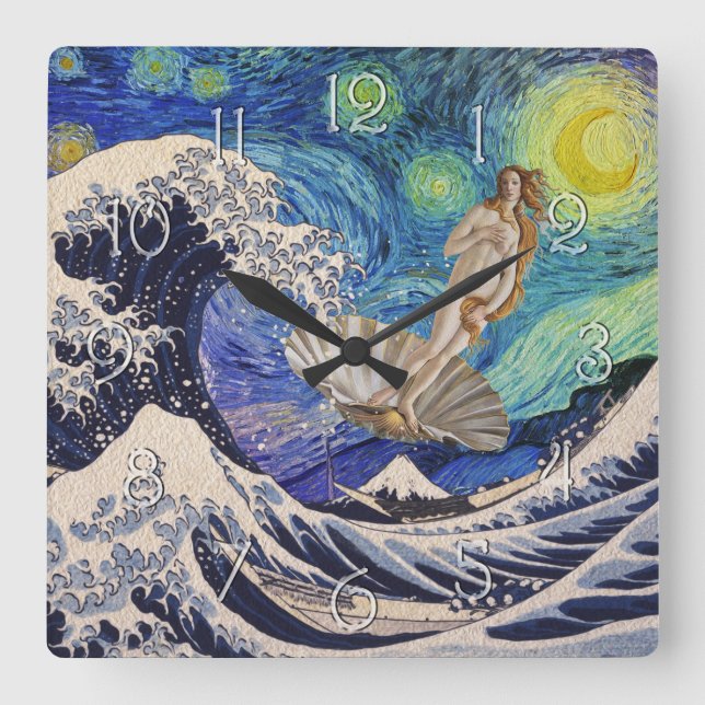 The Birth of Venus at The Great Wave Fyrkantig Klocka (Framsida)