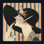 "The Black Hat" Art Deco av George Barbier Fyrkantig Klocka<br><div class="desc">George Barbier var en av de främsta åskådarna i mode under 1900-talet i tidigt i täten för alliansen mellan konst och mode. Han och hans åskådare skapat djärvt,  stiliserat bilder som förmedlade stämning och stämning. Det här illustrationen är "The Black Hat" för tidskriften La Parisienne.</div>