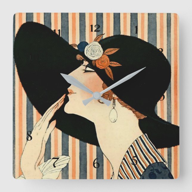 "The Black Hat" Art Deco av George Barbier Fyrkantig Klocka (Framsida)