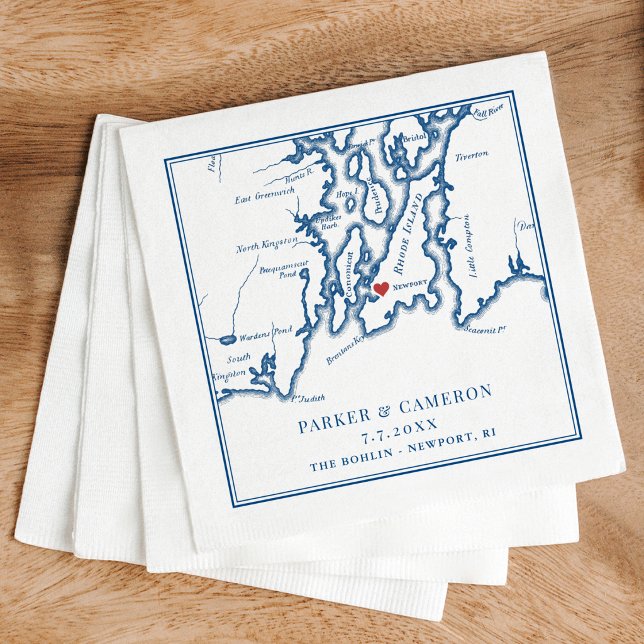 The Bohlin Bröllop Newport RI Karta  Pappersservett (The Bohlin Wedding Cocktail Napkins Newport Yachting Center Narragansett Bay Coastal Map Designs)