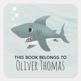 "The Bok Tillhör" Cute Blue Shark Kids Bookplate Fyrkantigt Klistermärke