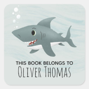 "The Bok Tillhör" Cute Blue Shark Kids Bookplate Fyrkantigt Klistermärke