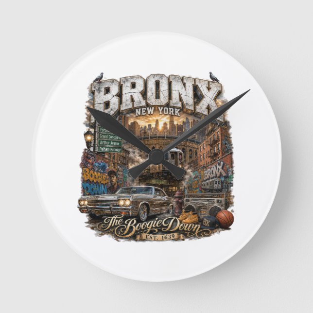 The Bronx New York Boogie Down Urban Collage Rund Klocka (Framsida)
