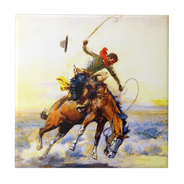 “The Bucker” västerländsk konst av Charles M Russe Kakelplatta (Framsidan)