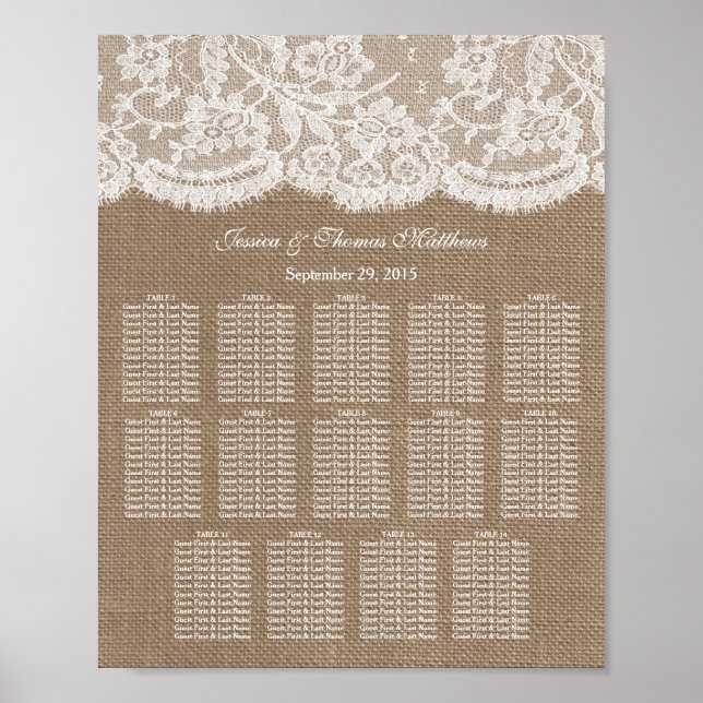 The Burlap & Lace Bröllopsuppsättning Bordskarta Poster (Framsidan)