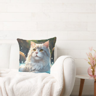 The Cat Enjoing a Hot Spring - Throw Pillow Kudde