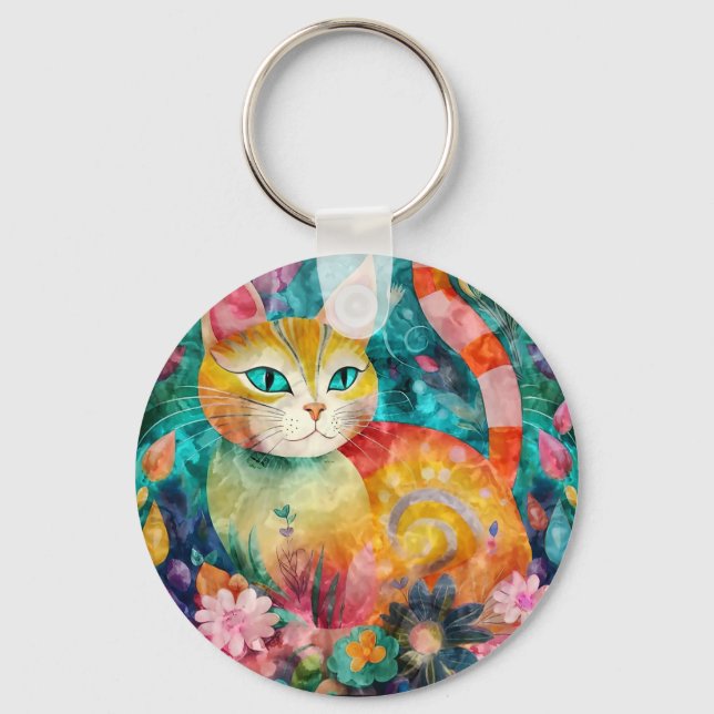 The Cat with Striking Green Eyes in Flower Garden Nyckelring (Framsida)
