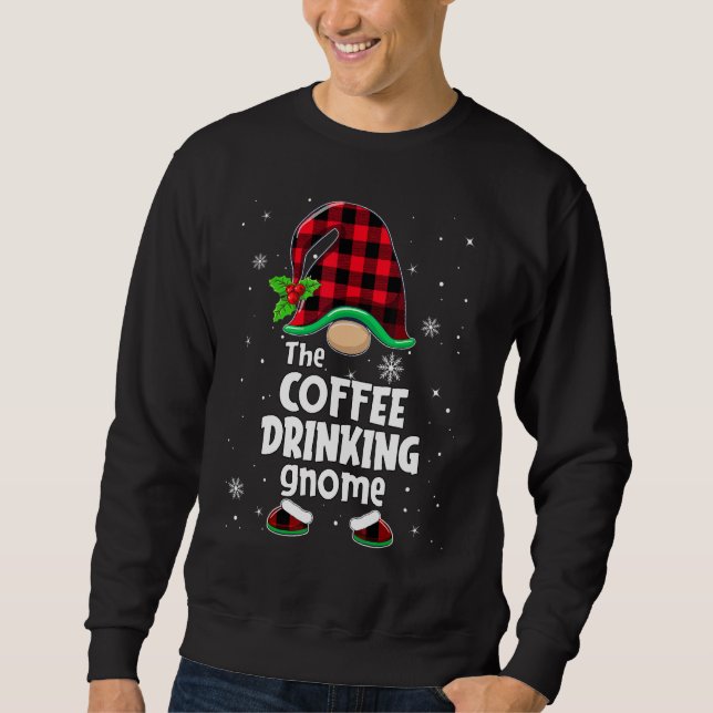 The Coffee Drinking Gnome Buffalo Plaid Christmas  Lång Ärmad Tröja (Framsida)