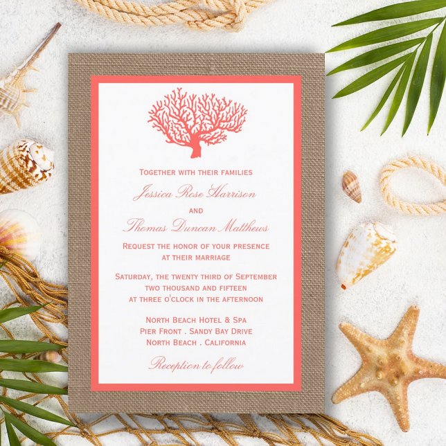 The Coral On Burlap Boho Beach Wedding Collection Inbjudningar (Skapare uppladdad)