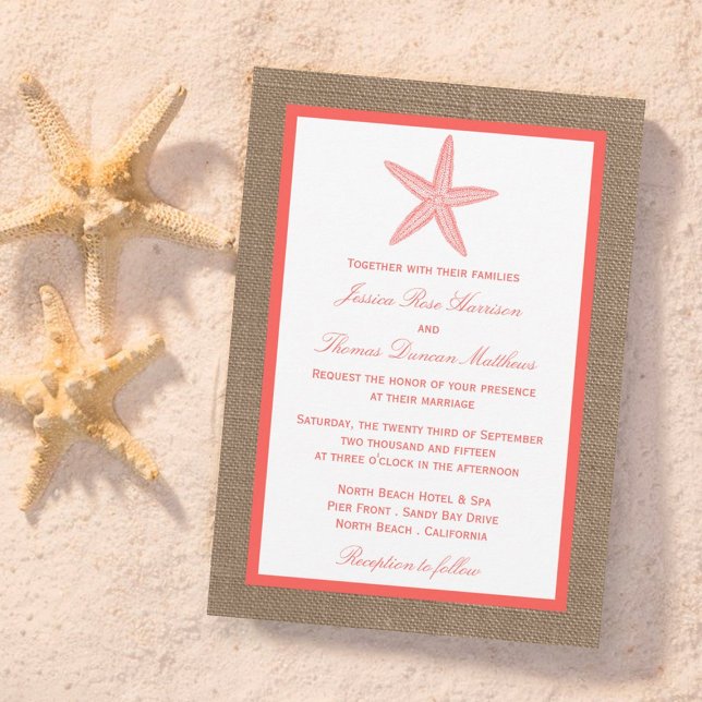 The Coral Starfish Burlap Beach Wedding Kollektion Inbjudningar (Skapare uppladdad)